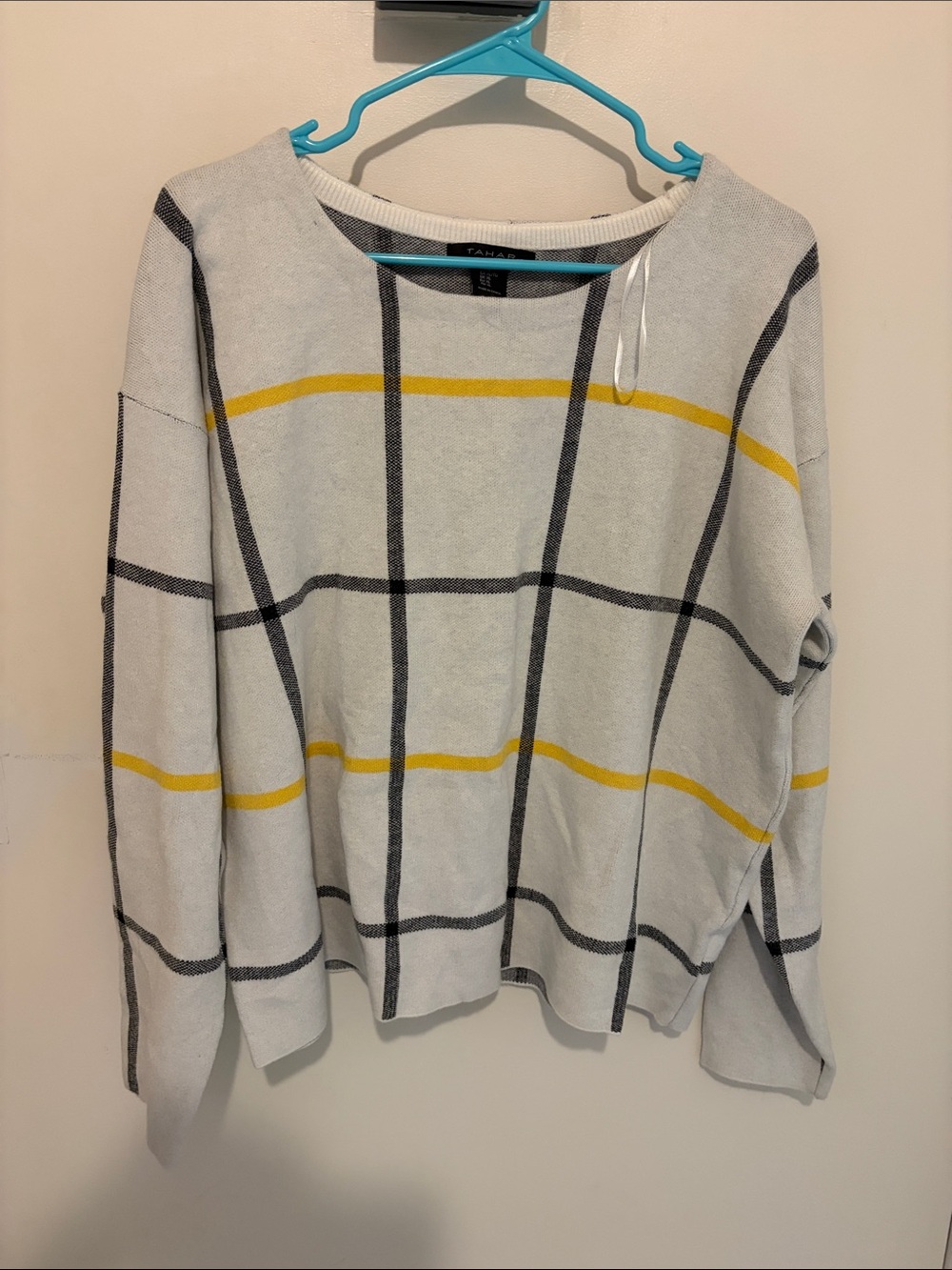 Tahari Light Gray Windowpane Sweater with Yellow Stripes